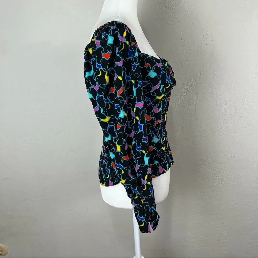 Staud Josephine Black Printed Multicolor Crepe Long Sleeve Sweetheart Top Size 2